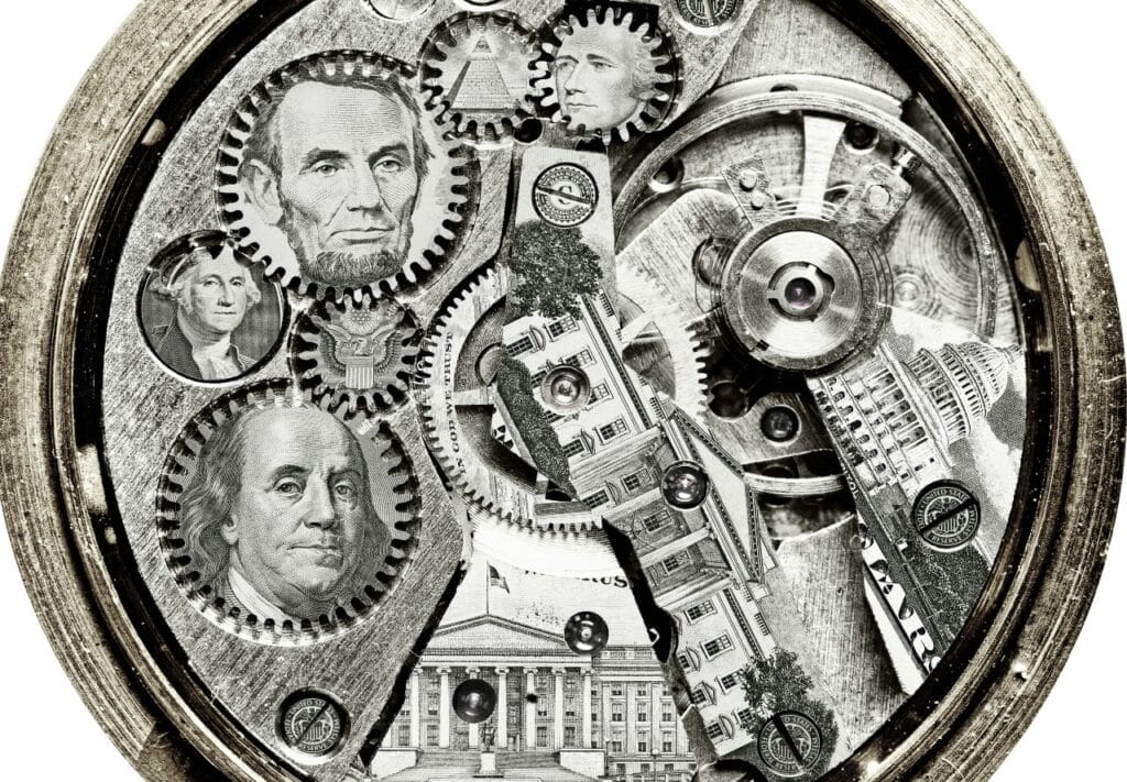 Wrist watch gears overlaid with US currency imagery