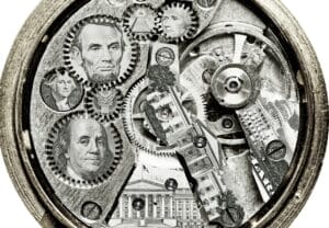 Wrist watch gears overlaid with US currency imagery