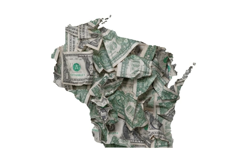 Outline of state of Wisconsin filled with dollar bills