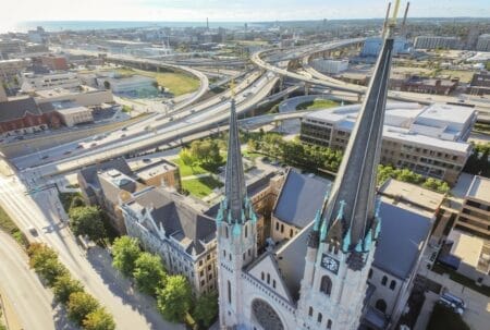 Drone photo of downtown Milwaukee’s highway system