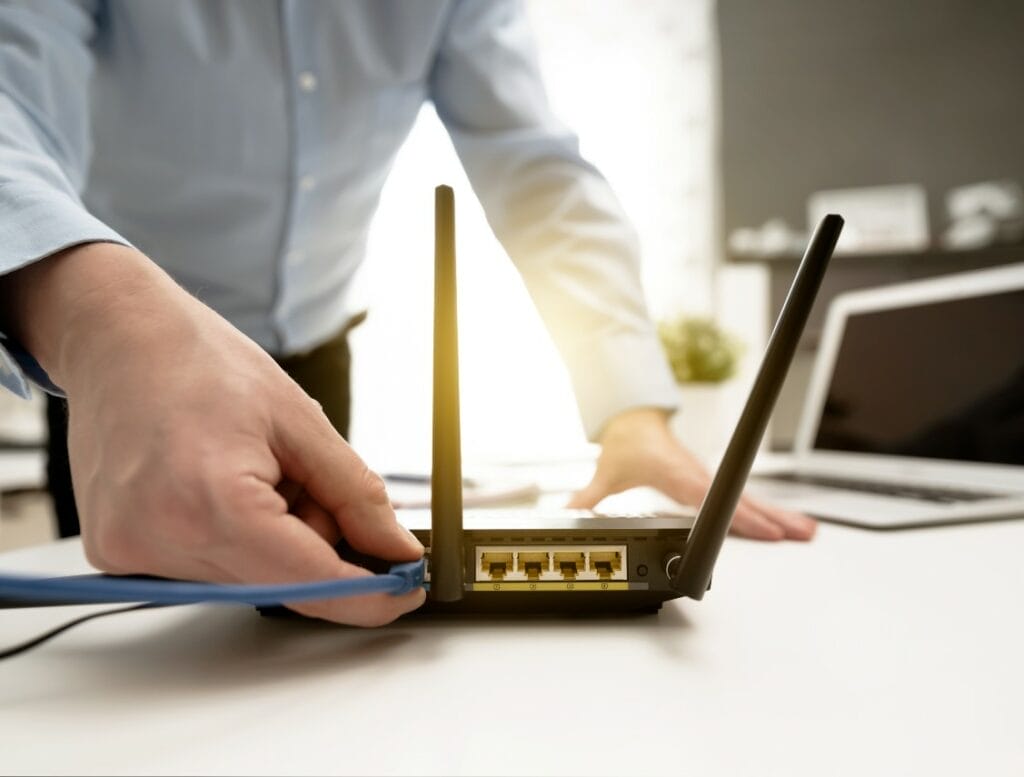 Man plugging internet cable into WiFi device