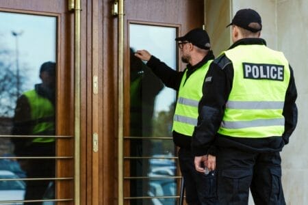 Two police officers outside the door of a building