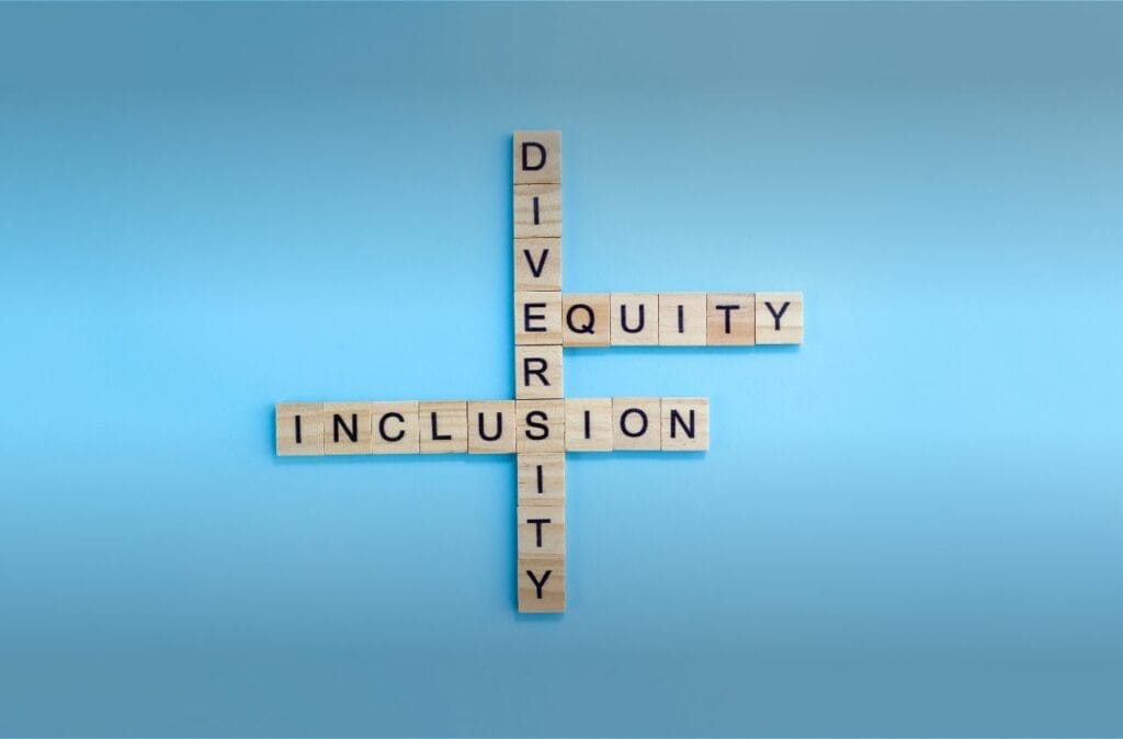 Scrabble tiles spelling out Diversity, Equity, and Inclusion