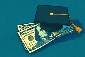 Generated illustration of a graduation cap set atop a stack of $100 bills
