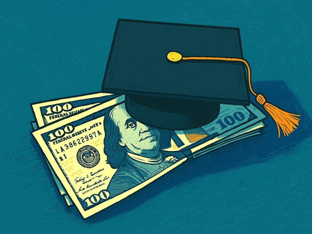 Generated illustration of a graduation cap set atop a stack of $100 bills