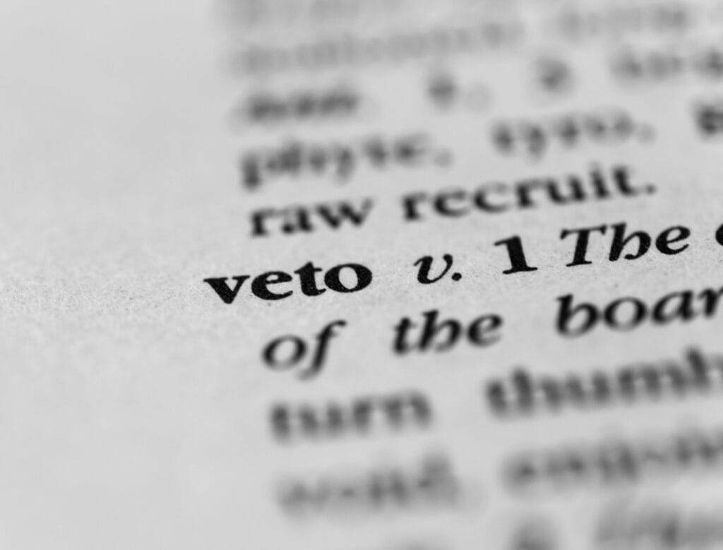 Dictionary entry of the word "veto," offered in reference to Gov. Evers’ 2023 veto of Wisconsin income tax rate reform