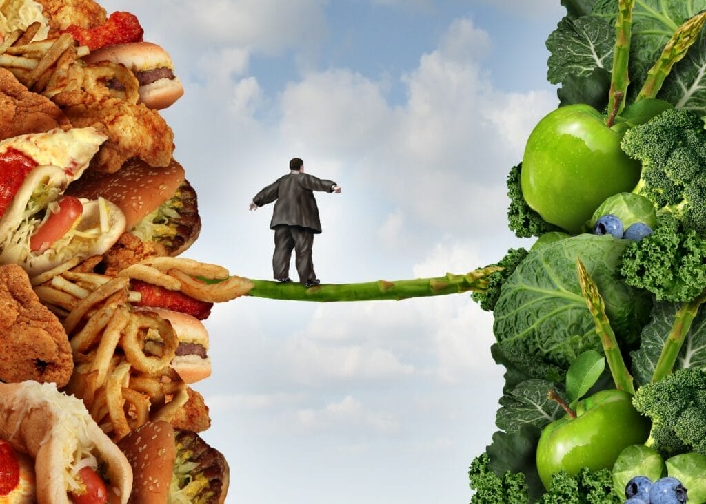 Image depicting man on food stamps choosing healthy food over junk food