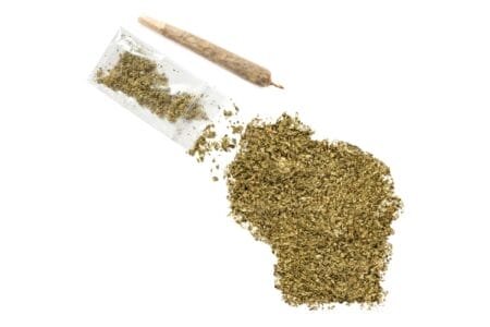 The outline of the state of Wisconsin created from crushed cannabis leaves