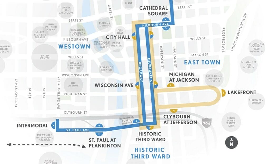 Map of the lines taken by Milwaukee’s “The Hop” — including the unfinished L-Line operating early to satisfy federal grant conditions