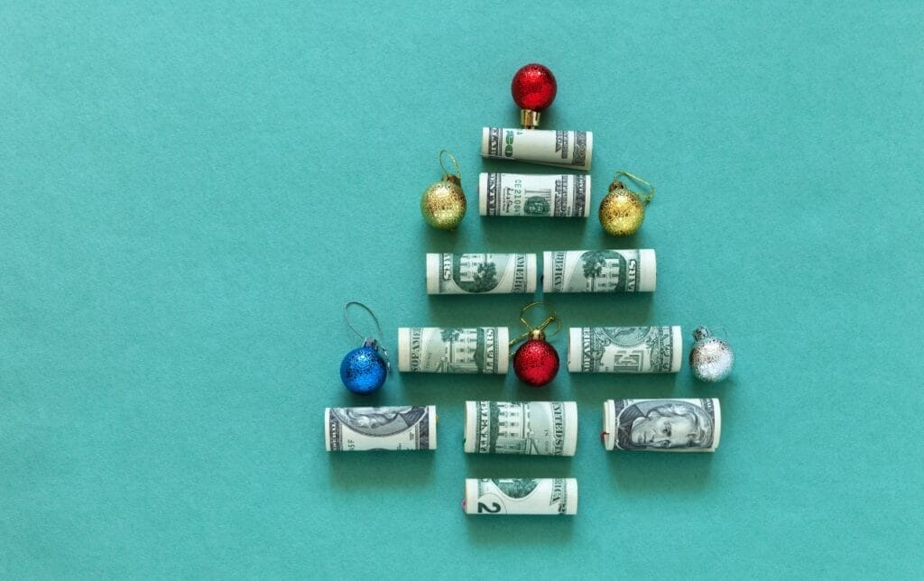 Christmas tree comprised of $20 bills, indicative of the permit fees required by some Wisconsin cities to sell Christmas trees