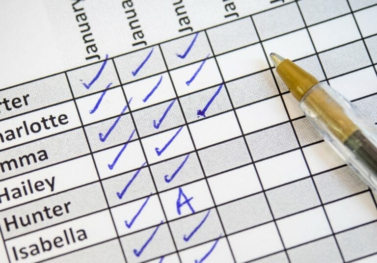 Class roster with pen used for marking absent students — a chronic problem across many Wisconsin school districts