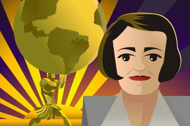 Animated rendering of author Ayn Rand with golden Atlas in the background