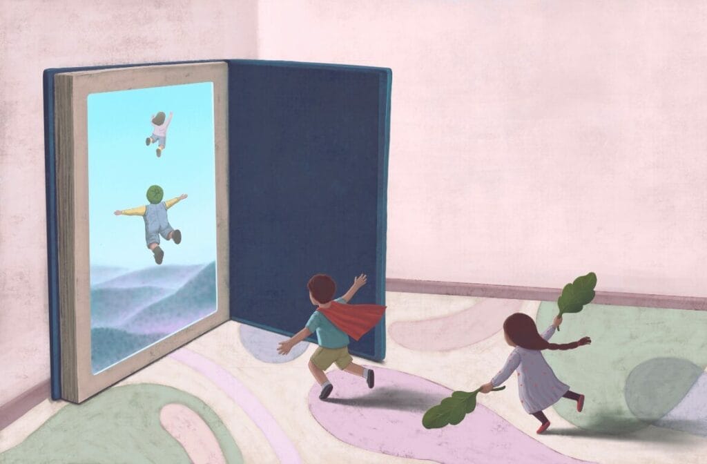 Drawing of children jumping into a book and soaring toward life success