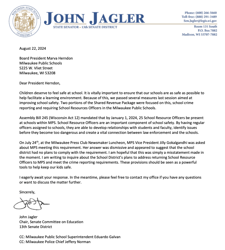 Letter from Wisconsin State Senator John Jagler to Milwaukee Public Schools President Marva Herndon, August 22, 2024