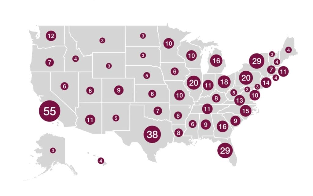 Map of the United States with markers indicating how many electoral college votes each state represents.