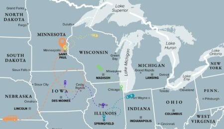 Map of Midwest United States, graphically representing interstate migration as a result of state tax policies