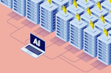 Graphic depiction of a computer using artificial intelligence and the large amount of power needed to operate it.