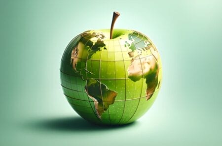 Green apple overlaid with globe grid and countries of the world; Cover art for Wisconsin student enrollment and teacher staffing trends by Wyatt Eichholz