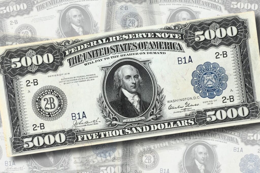 Image of U.S. $5,000 bill with James Madison, proponent of federalism