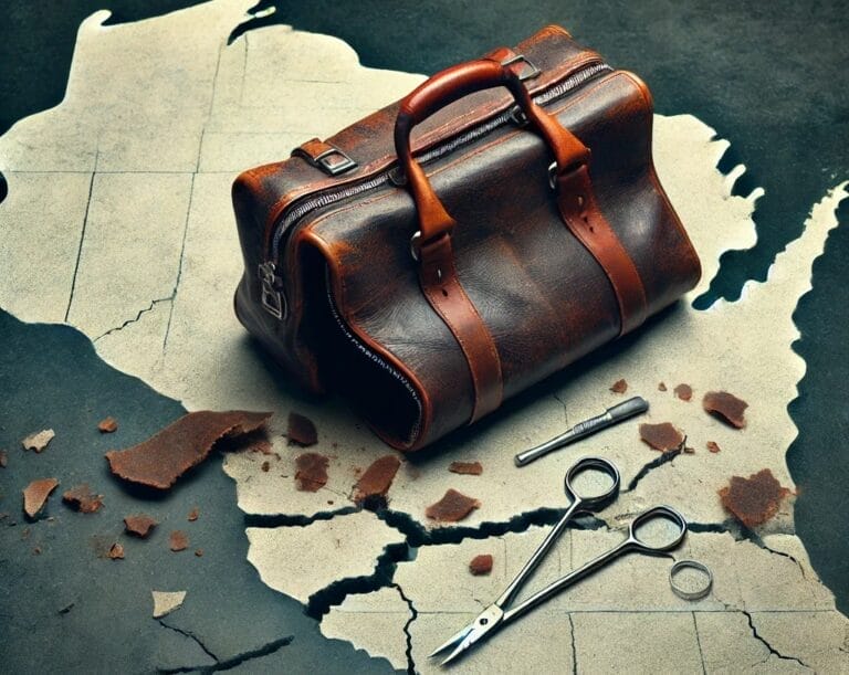 Broken medical bag against an outline background of the state of Wisconsin.