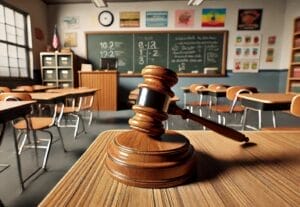 Image of a judge’s gavel on a student’s desk in a school classroom.