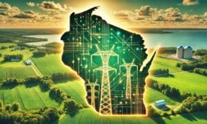Image of Wisconsin farmland in background with foreground comprised of Wisconsin state outline filled with computer chip and electricity lines.