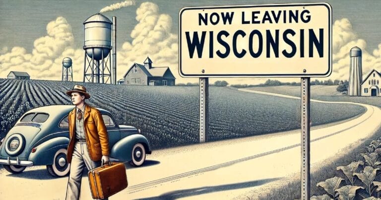 Generated sketch of a burdened taxpayer leaving Wisconsin