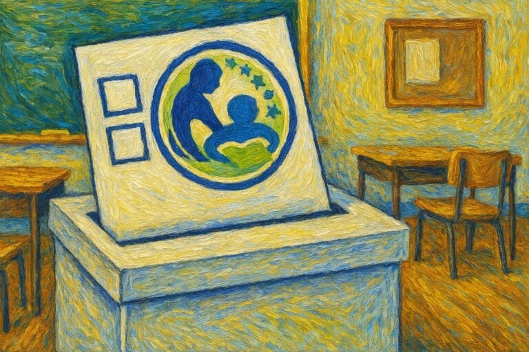 Generate illustration of a ballot box in a classroom with a paper ballot bearing the logo of Wisconsin’s Department of Public Instruction (DPI). Done in the art style of Van Gogh.