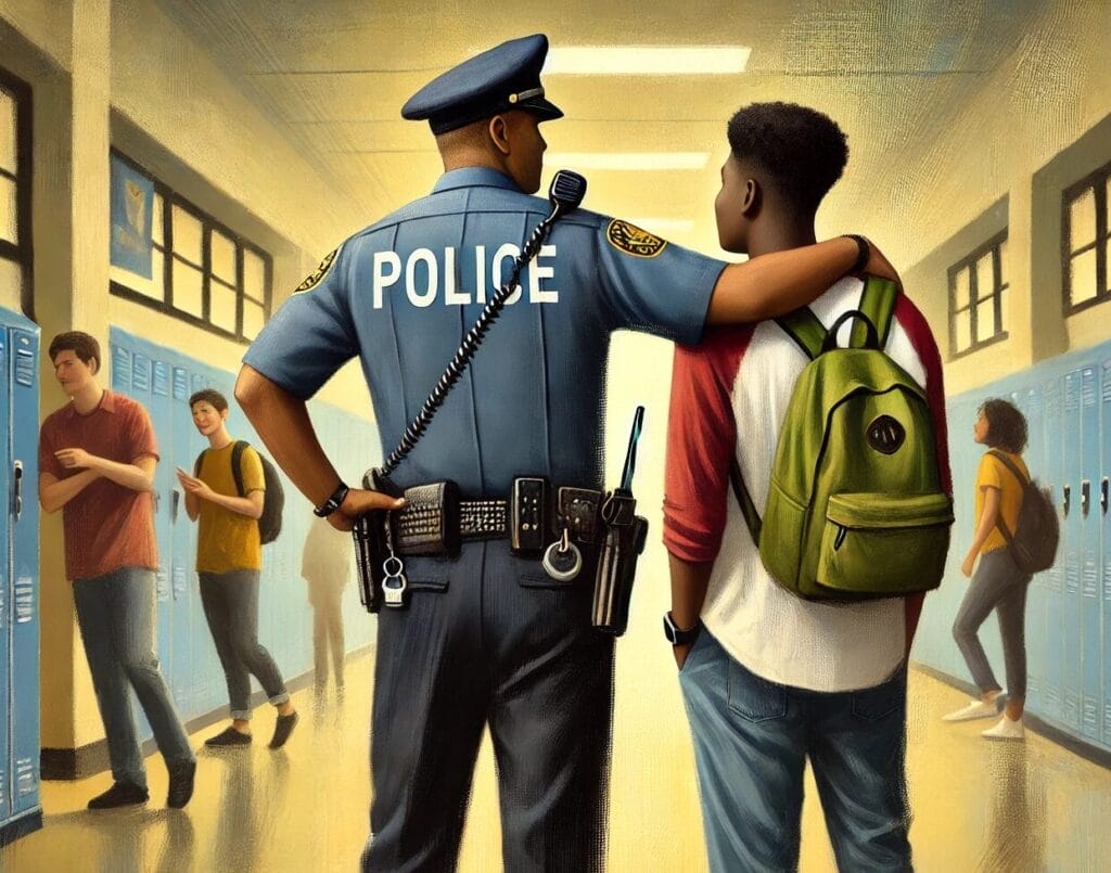 AI-generated image of a resource officer conversing with a student in a high school hallway