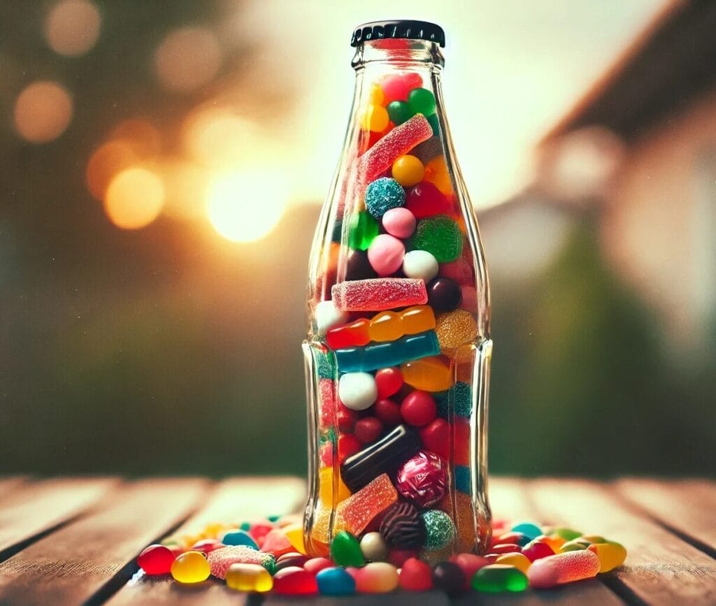 Imagine a glass soda bottle filled with jelly beans and other loose candy