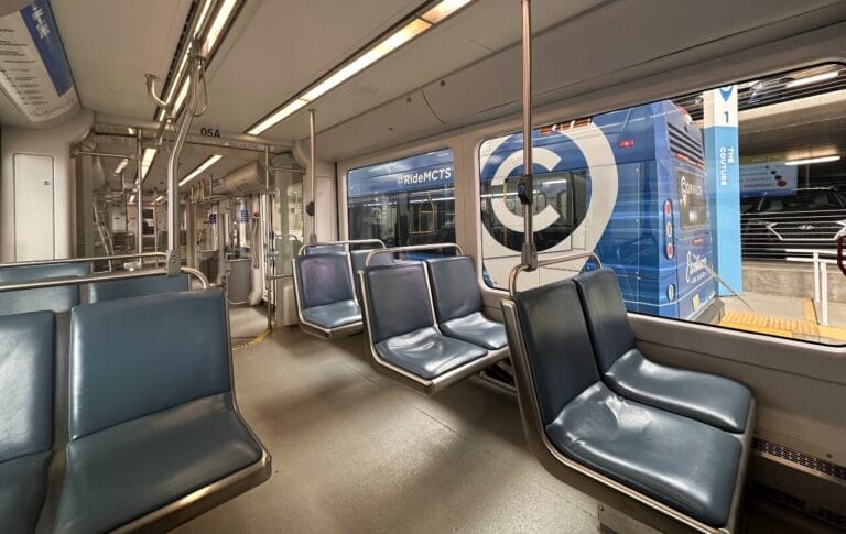 Interior photo of Milwaukee’s streetcar, the Hop.
