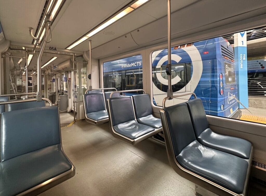 Interior photo of Milwaukee’s streetcar, the Hop.