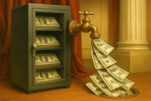 Generated image of a safe stacked with $100 bills being emptied by a spigot positioned above a drain