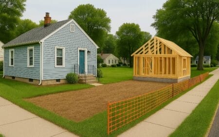 Machine-generated image of a single-family home on a neighborhood block with a portion of its lot dedicated to the construction of an accessory dwelling unit.