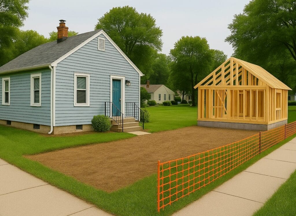 Machine-generated image of a single-family home on a neighborhood block with a portion of its lot dedicated to the construction of an accessory dwelling unit.