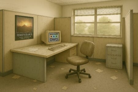 Machine-generated image of an abandoned cubicle, including a computer screen overlaid with a logo of the Wisconsin Department of Workforce Development