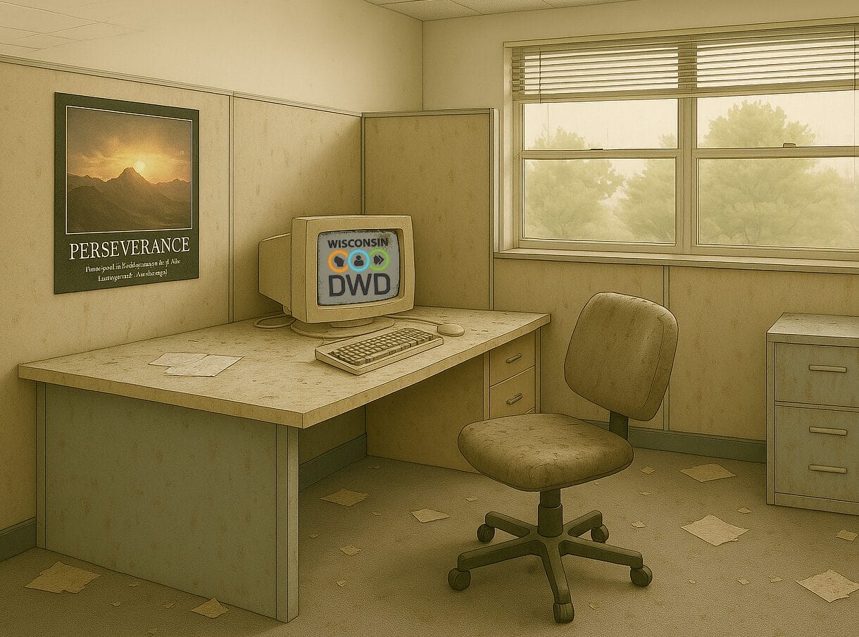 Machine-generated image of an abandoned cubicle, including a computer screen overlaid with a logo of the Wisconsin Department of Workforce Development