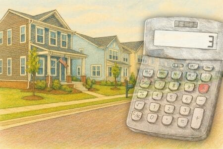 Colored-pencil sketch style image of single-family homes in a tight row overlaid with a calculator