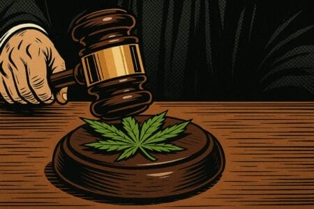 Graphic-novel-style image of a judge bringing a gavel down onto a cannabis leaf.