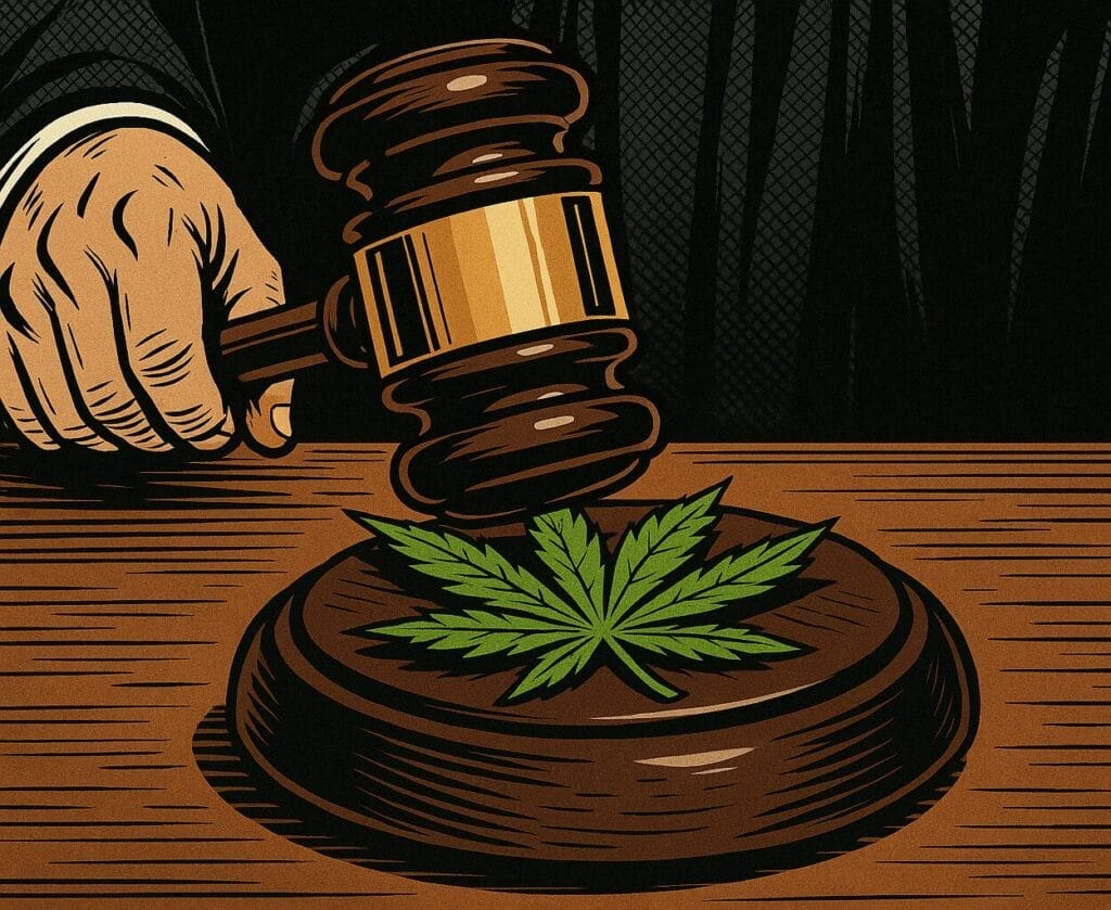 Graphic-novel-style image of a judge bringing a gavel down onto a cannabis leaf.