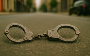 Generate image of cobweb-covered handcuffs lying unused on a city street.