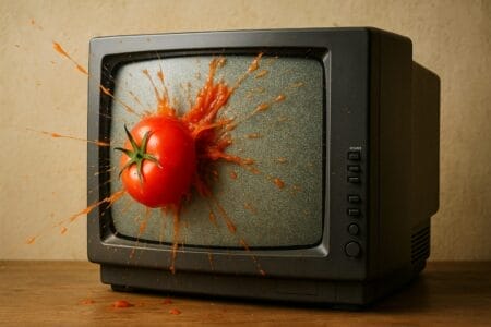 Generated image of a splattering tomato being thrown at a television set