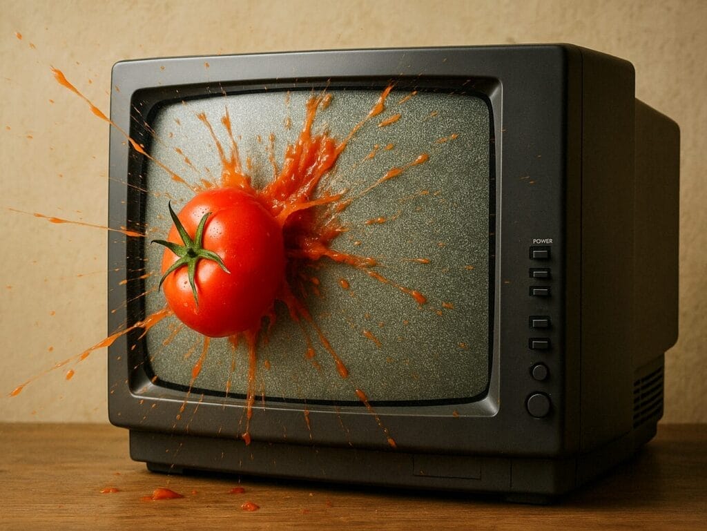 Generated image of a splattering tomato being thrown at a television set