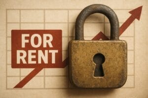 Generated image of a rent price chart trending upwards overlaid with a depiction of a rusty padlock