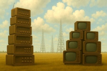Generated image of a stack of radios and televisions in a field with radio towers