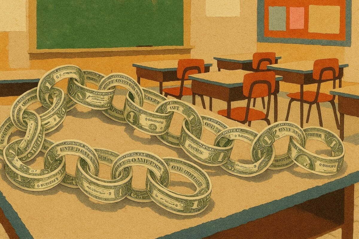 Collage-style generated image of a chained-link of $1 bills on a desk in an elementary school classroom