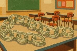 Collage-style generated image of a chained-link of $1 bills on a desk in an elementary school classroom