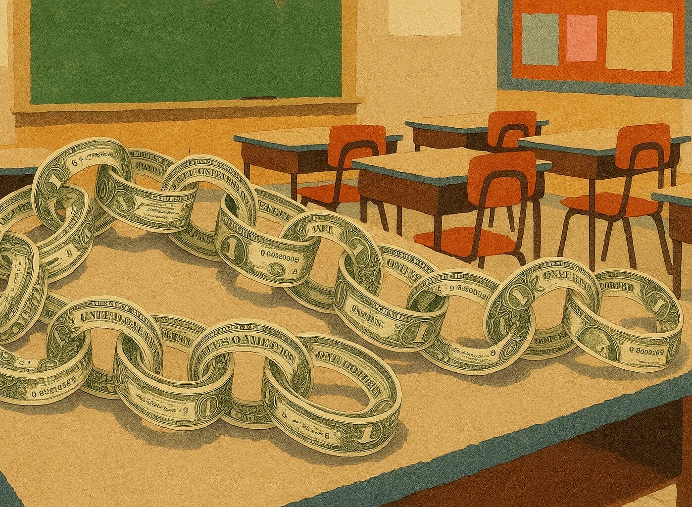 Collage-style generated image of a chained-link of $1 bills on a desk in an elementary school classroom