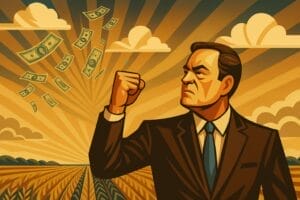 Generated image of a man in a suit shaking his fist at sunny clouds raining dollars on a fruitful field