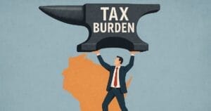 Generated illustration of a person in a suit lifting an anvil reading "tax burden" over the state of Wisconsin